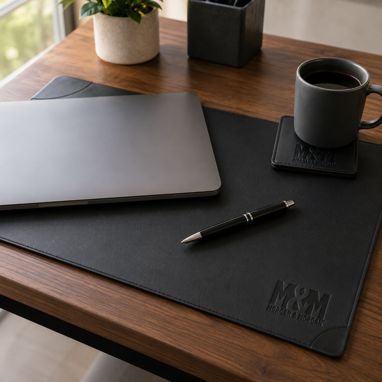 Morgan & Morgan Leather Desk Pad & Coaster Set — 5-Piece Executive
