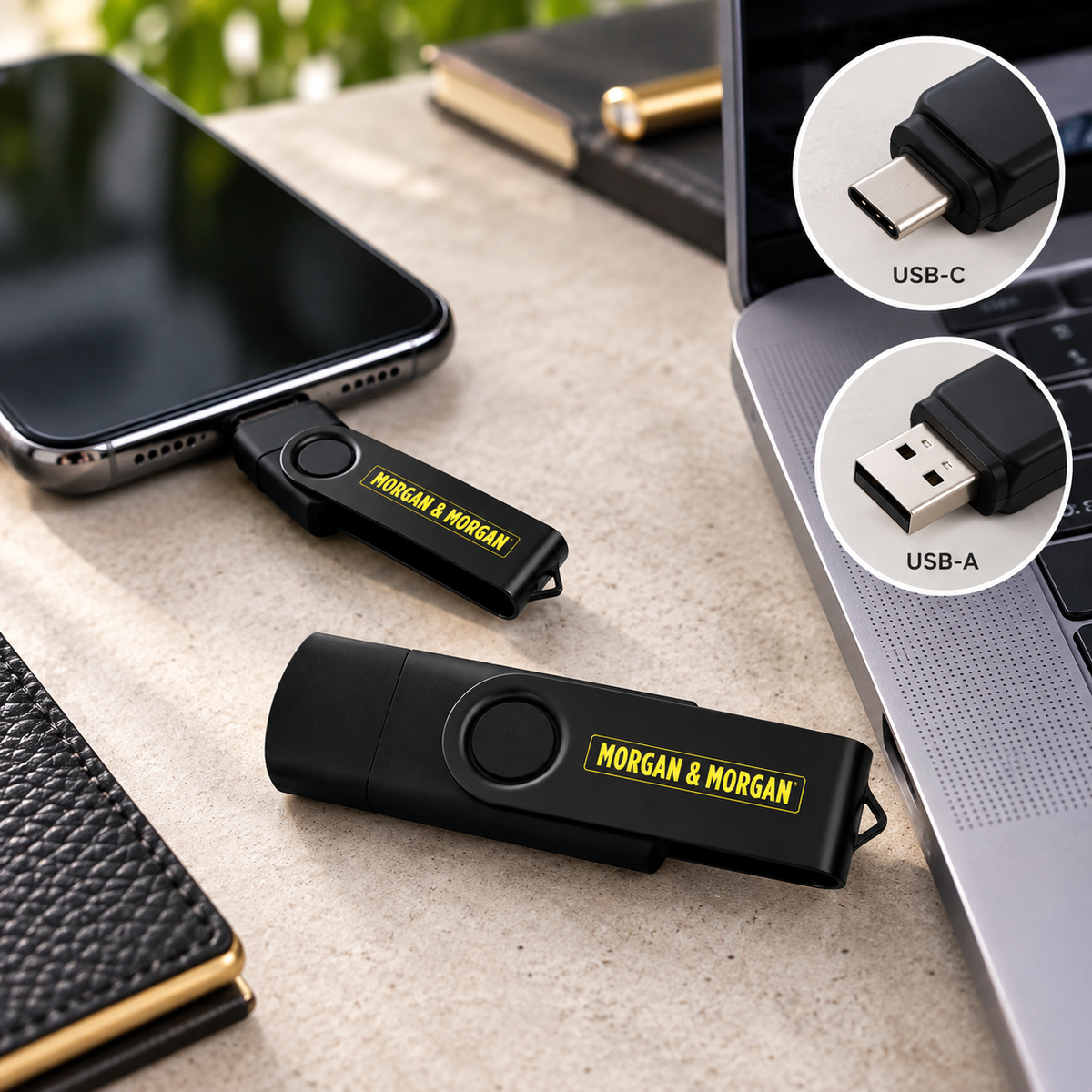 Morgan & Morgan iClick Dual-Connector USB Flash Drive — Matte Black, 8GB